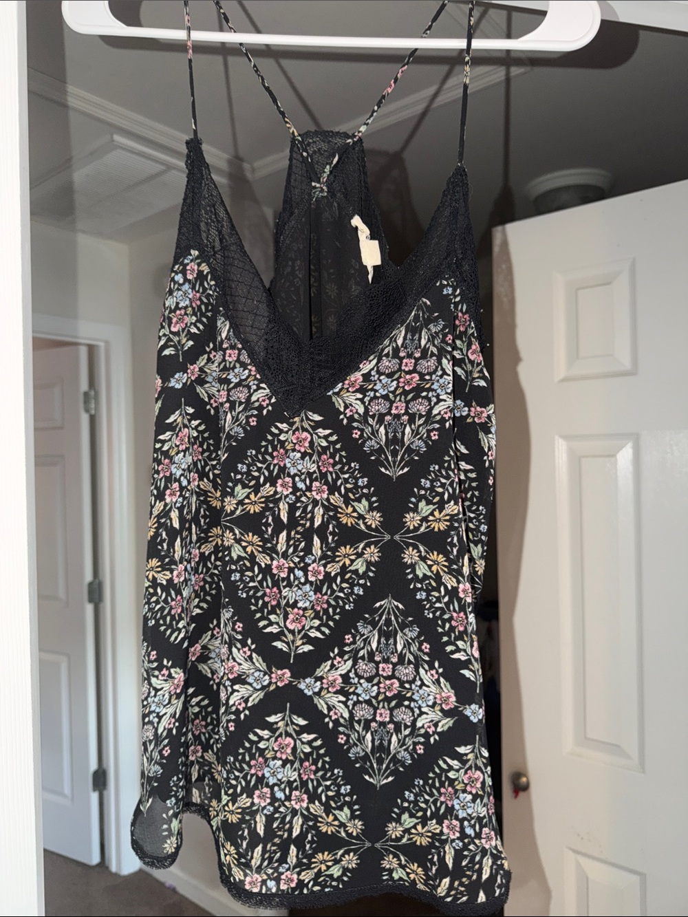 lovestitch Black Floral Lace-Trim Cami with Pink, Yellow & Green Accents
